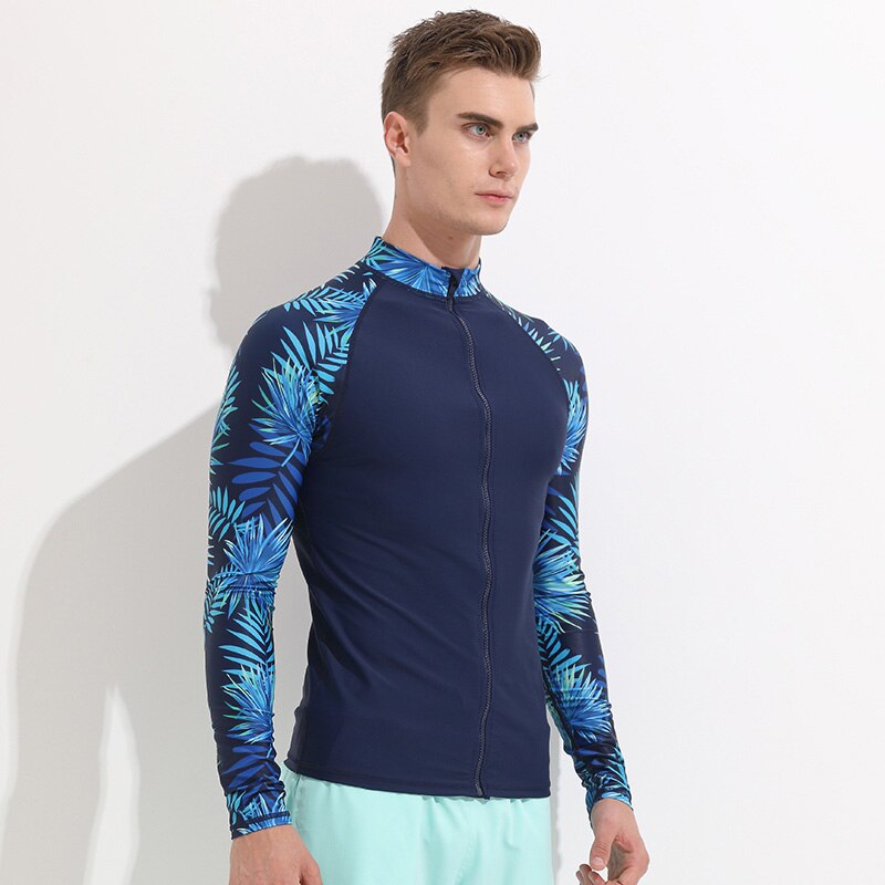 Men's Long Sleeve Zip Front Rash Guard Surf Swim Shirt Sun Protection UPF 40+ High Crew Neck Rashguard Tops UV Suits Print: 7028 / XXXL