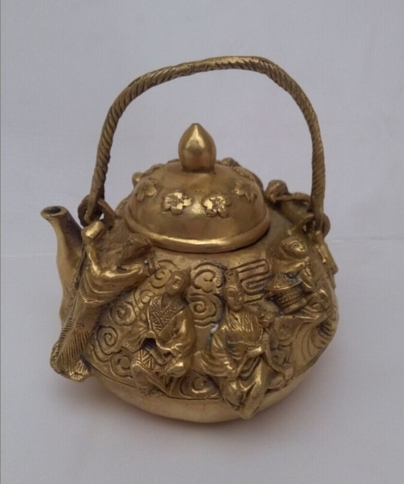 Metalen Ambachten Antiek antiek Chinese Messing Gesneden 8 God Thee Pot