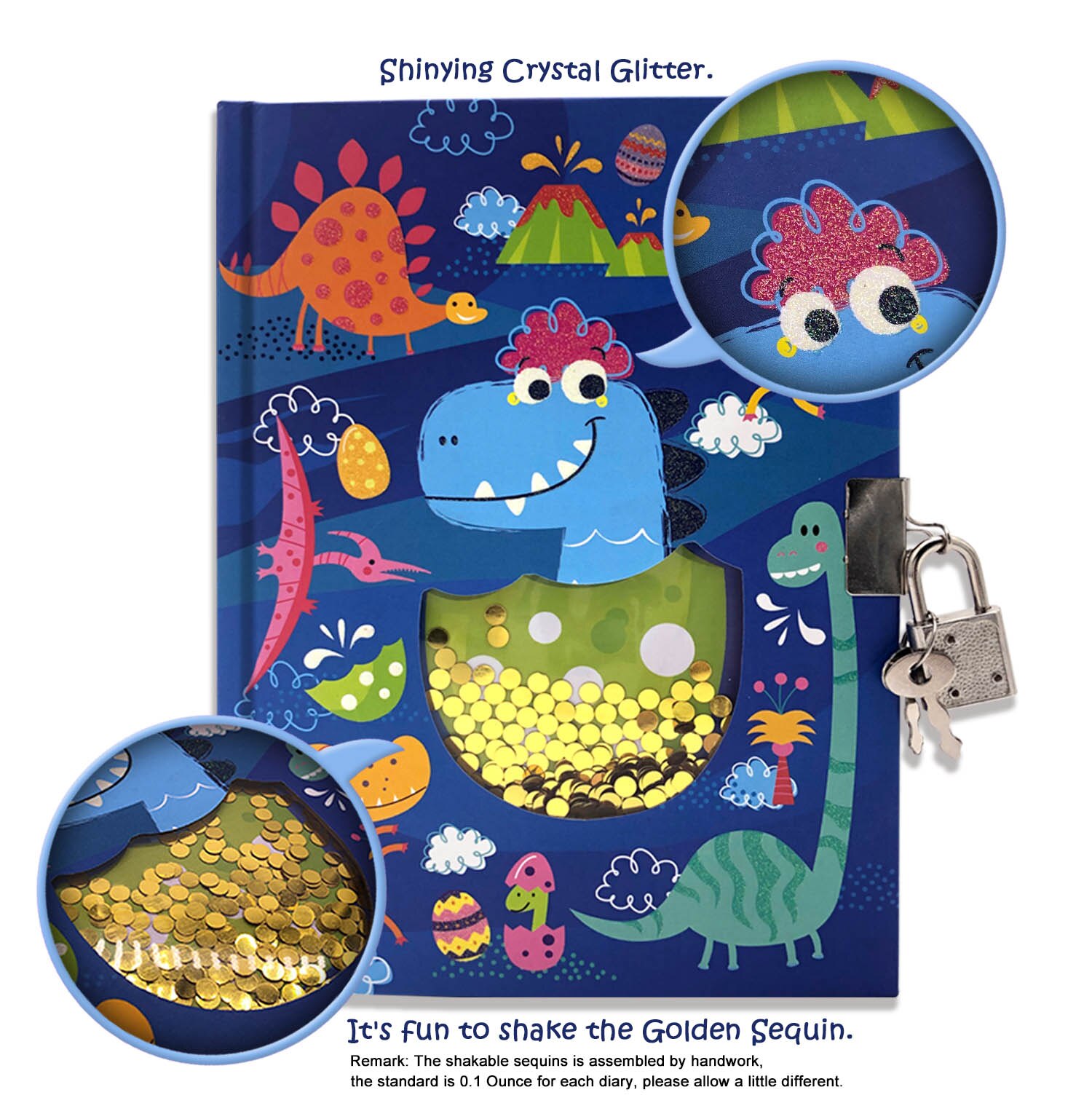 Cute Diary with Lock for Girls and Boys, Dinosaur Shakable Sequin Journal Secret Notebook，Students School Office Supplies