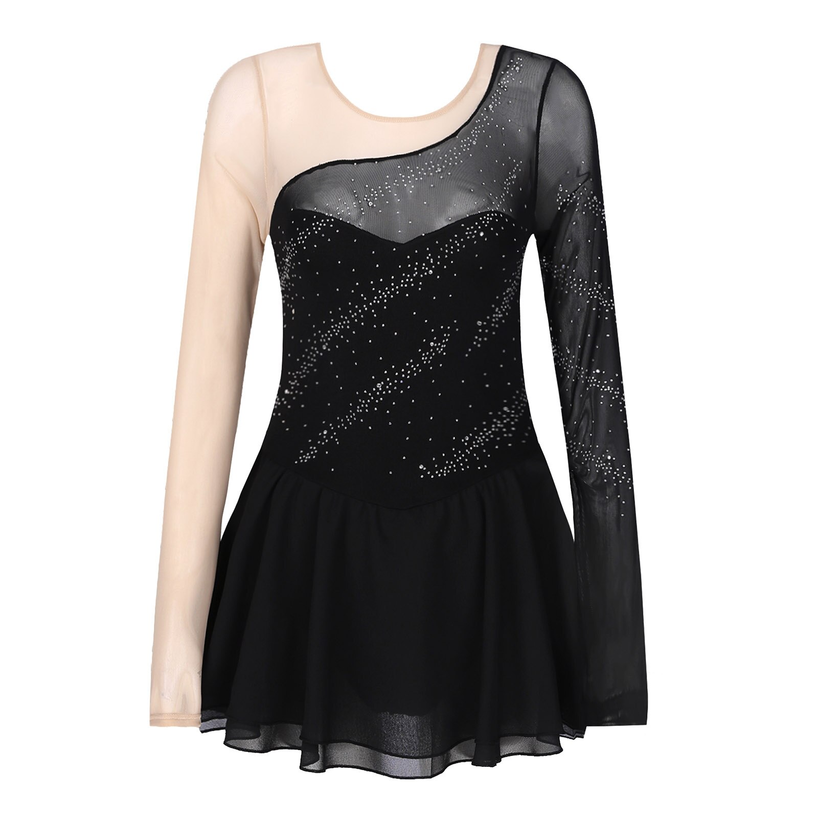 Women Adults Ballet Dance Dress Long Sleeves Mesh Splice Figure Ice Skating Dress Rhinestone Leotard Lyrical Modern Dance Dress: Black / M