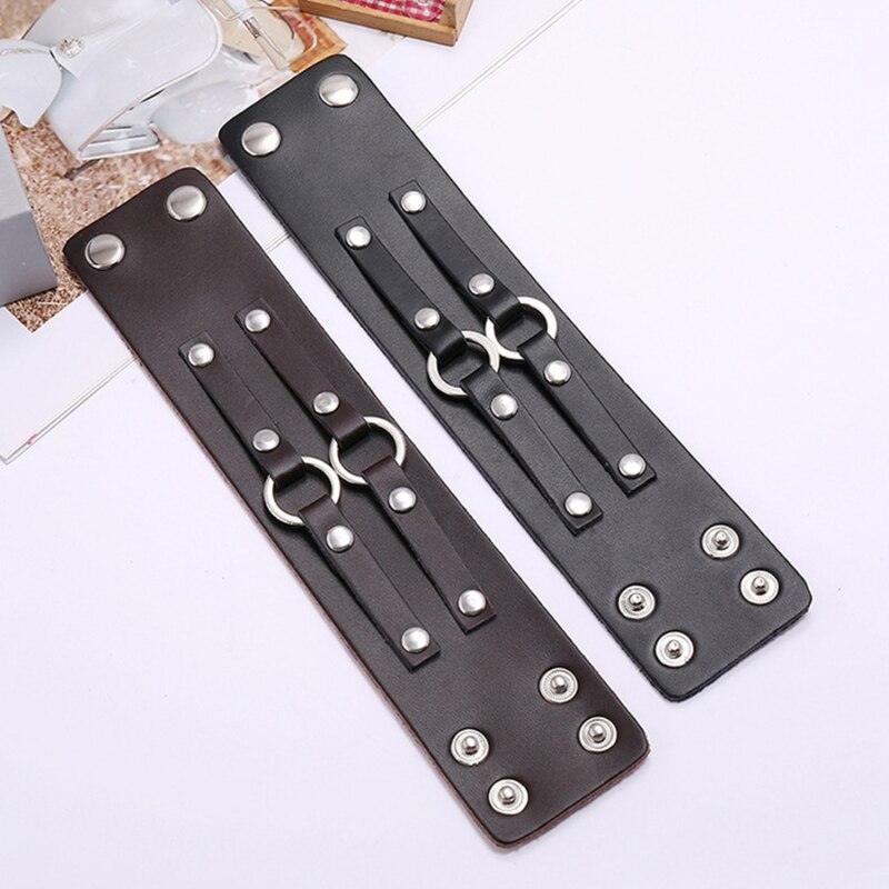 Double Belt Leather Wrist Friendship Big Wide Bracelet For Men Circle Buckle Vintage Punk Bangles Mens Jewelry