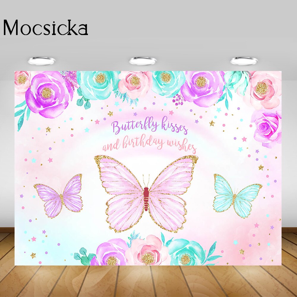 Embrasses papillon et vœux d'anniversaire, décor aquarelle, fleurs papillon elfes, arrière-plan, fournitures de Smash de gâteau d'anniversaire pour fille