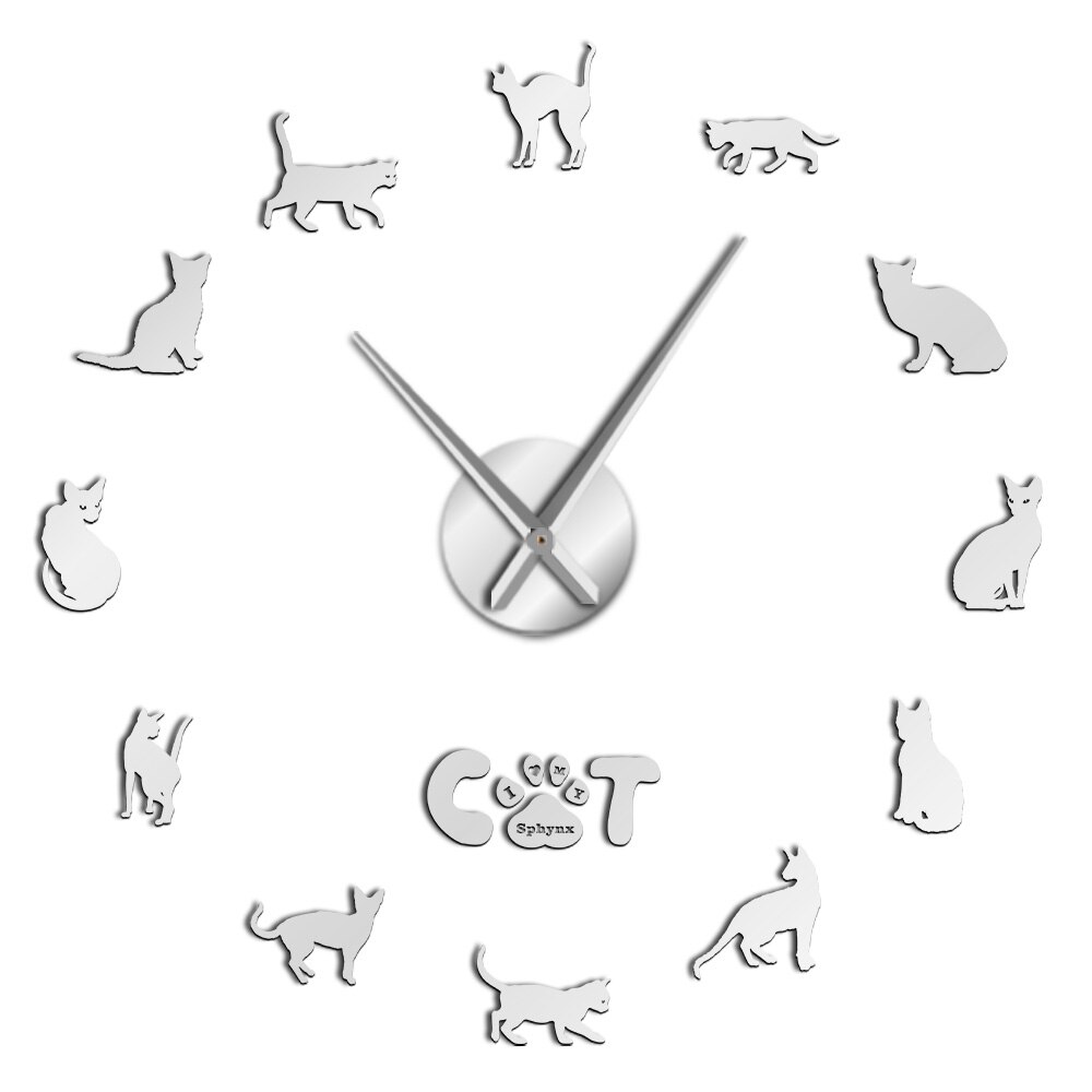 Hairless Cat Sphynx Cat 3D DIY Wall Clock Mirror Sphinx Cat Frameless Large DIY Wall Watch Kit Cat Breed Wall Art Sticker Decor: Silver / 37 Inch