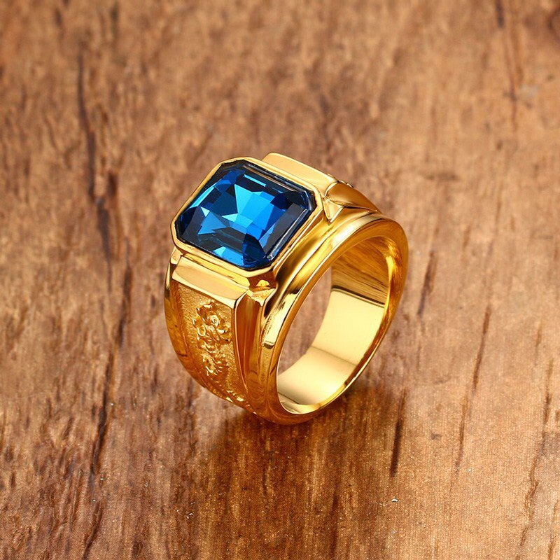 Mannen Blauw Strass Ring Met Dragon Patroon Goud-Kleur Mannen Wedding Band Mannelijke Rvs Sieraden Anel Masculino
