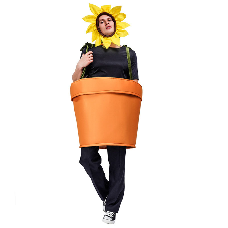 Halloween flower pot costume for adults, cosplay women's sunflower costume with headdress for garden theme party, sunflower