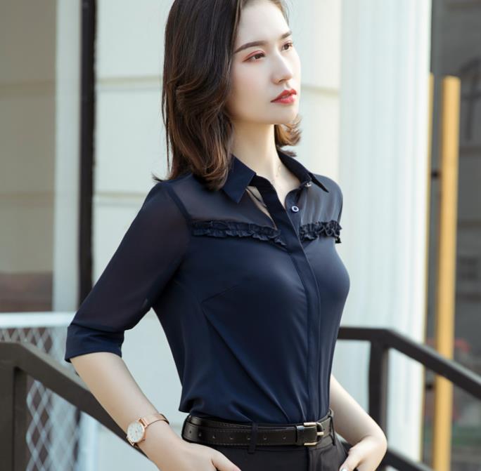 Half Sleeve Shirt Women Chiffon Summer Temperament Formal Blouses Office Ladies Plus Size Work Tops