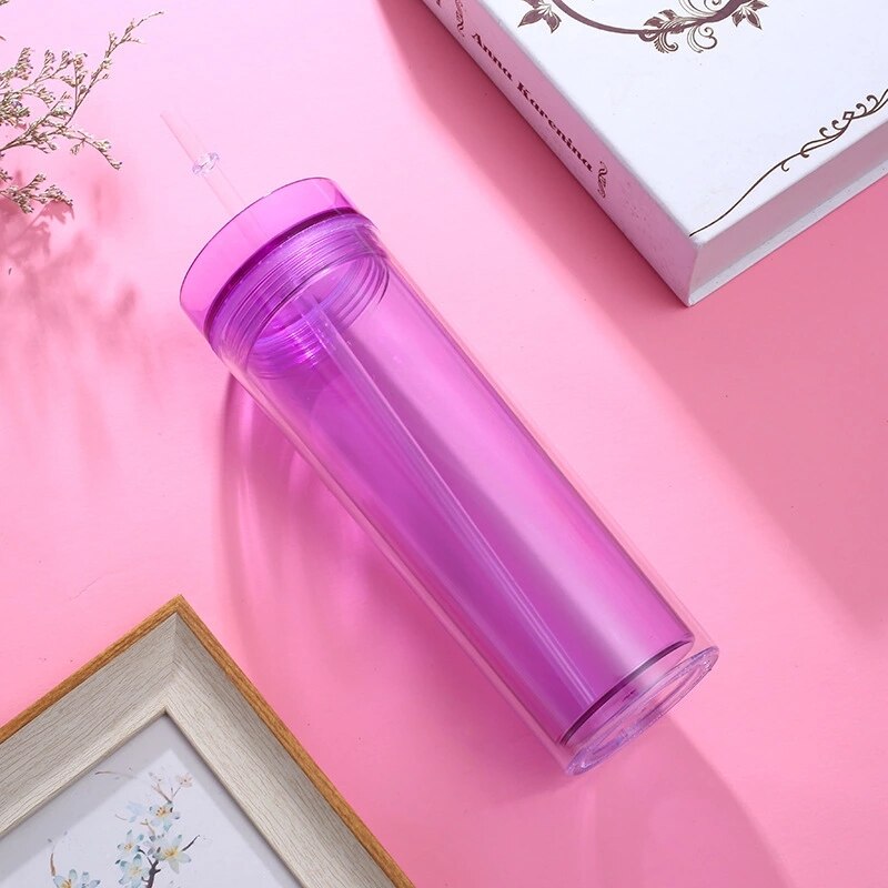 Vaso Delgado acrílico de 16oz con tapa y pajita, vasos de plástico coloridos, botella de agua de plástico aislada para