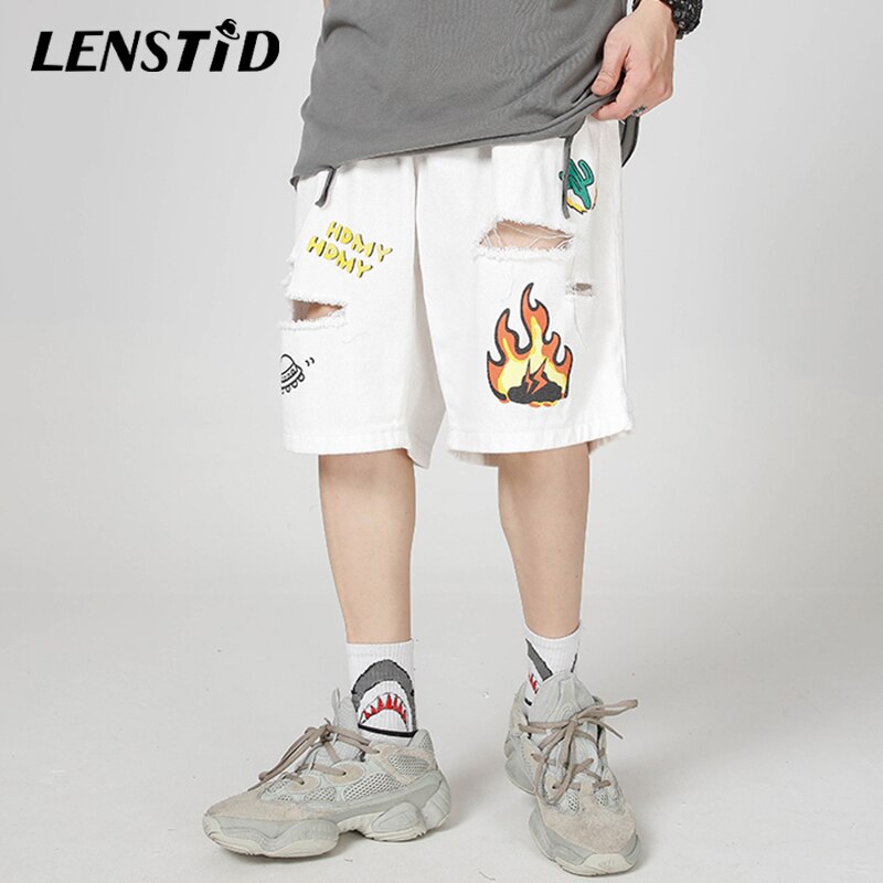 LENSTID été feu flamme Cactus imprimé détruit déchiré Baggy Denim Shorts Harajuku Streetwear Hip Hop Jeans décontractés pantalons courts