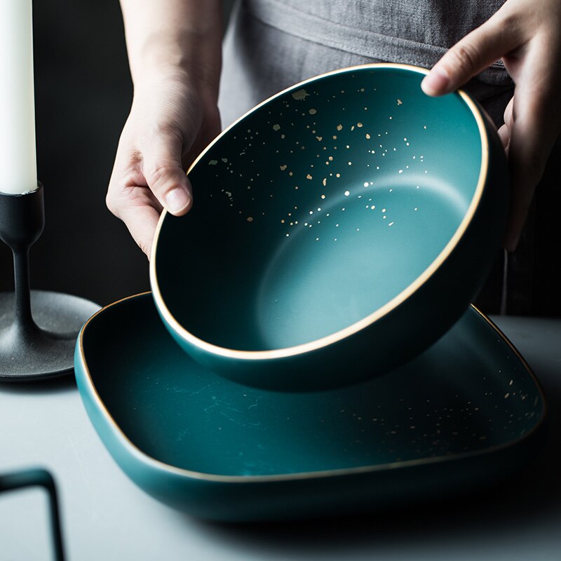 High Retro Groene Nordic Keramische Servies Servies Set Kom Plaat Soepkom Set Moderne Stijl High-End