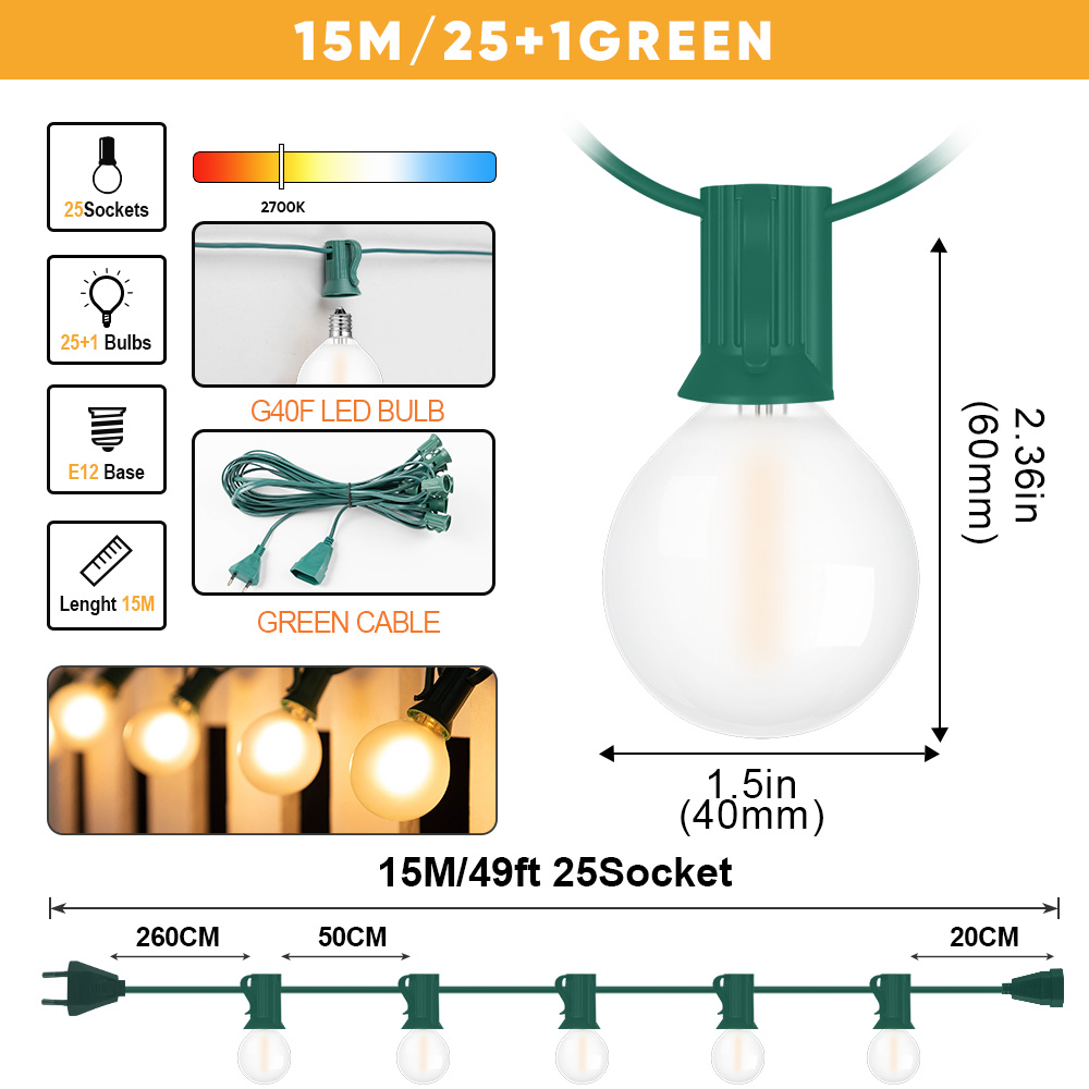 E12 udendørs led-lyskæder  g40 globepærer varm hvid havebryllupslys vandtæt kædelampe julefestlys: Gul / Os stik
