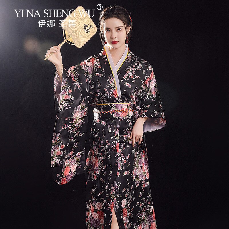 Kimono japonés Sexy para mujer, traje de Cosplay tradicional, de satén Floral, talla única, Yukata con Obi, novedad