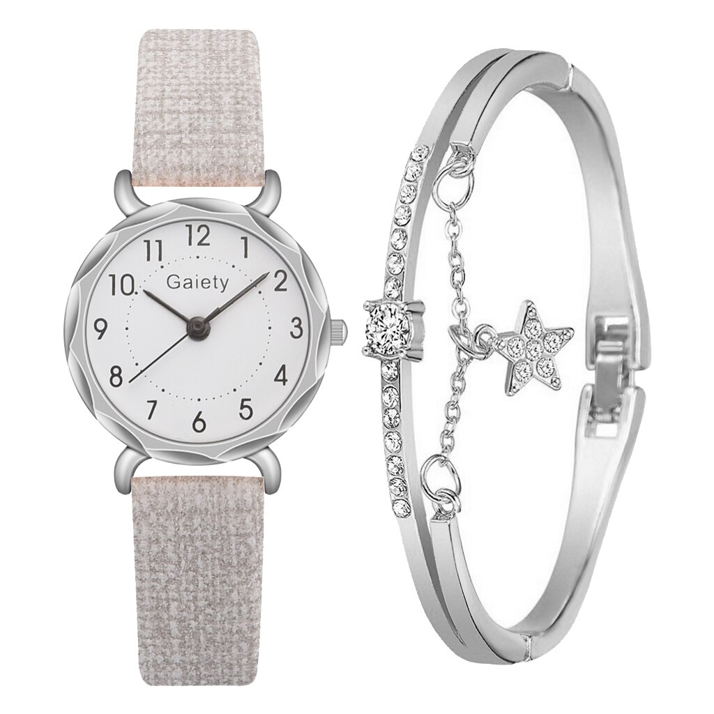 Gaiety 2 Stuks Set Casual Horloges Voor Vrouwen Unieke Armband Horloge Set Lederen Eenvoudige Roze Dames Klok Montre femme: 72203 White Set