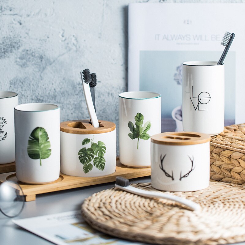 Multifunctionele Keramische Tandenborstelhouder Mond Cup Met Houten Lade Pen Case Badkamer Opslag Decoratie Accessoires Water Cup