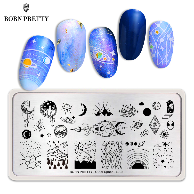 Geboren Pretty Outer Space Nail Stempelen Plate Image Ster Rechthoek Schilderen Plaat Nail Art Stamp Template