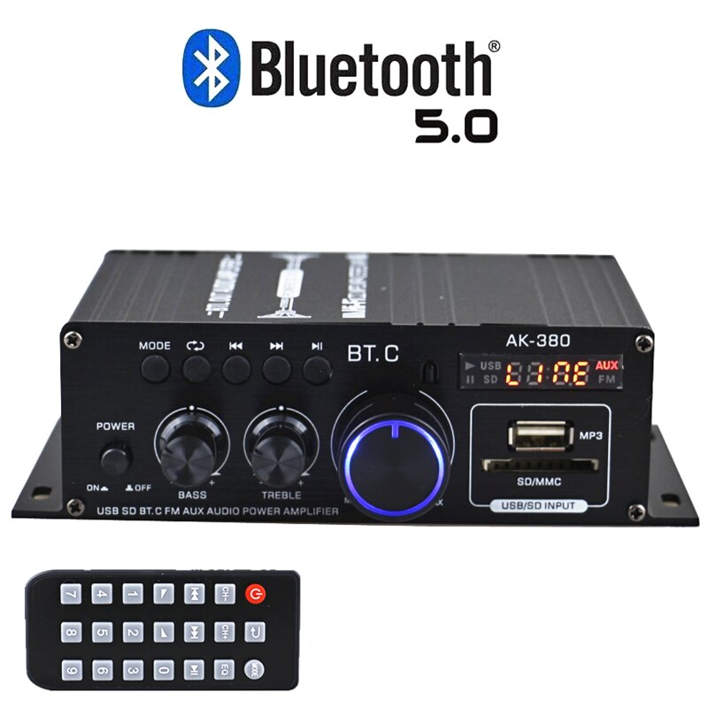 AK380 800W Home Car Amplifiers 2 Channel Bluetooth 5.0 Surround Sound FM USB Remote Control Mini HIFI Digital Amplifier Stereo