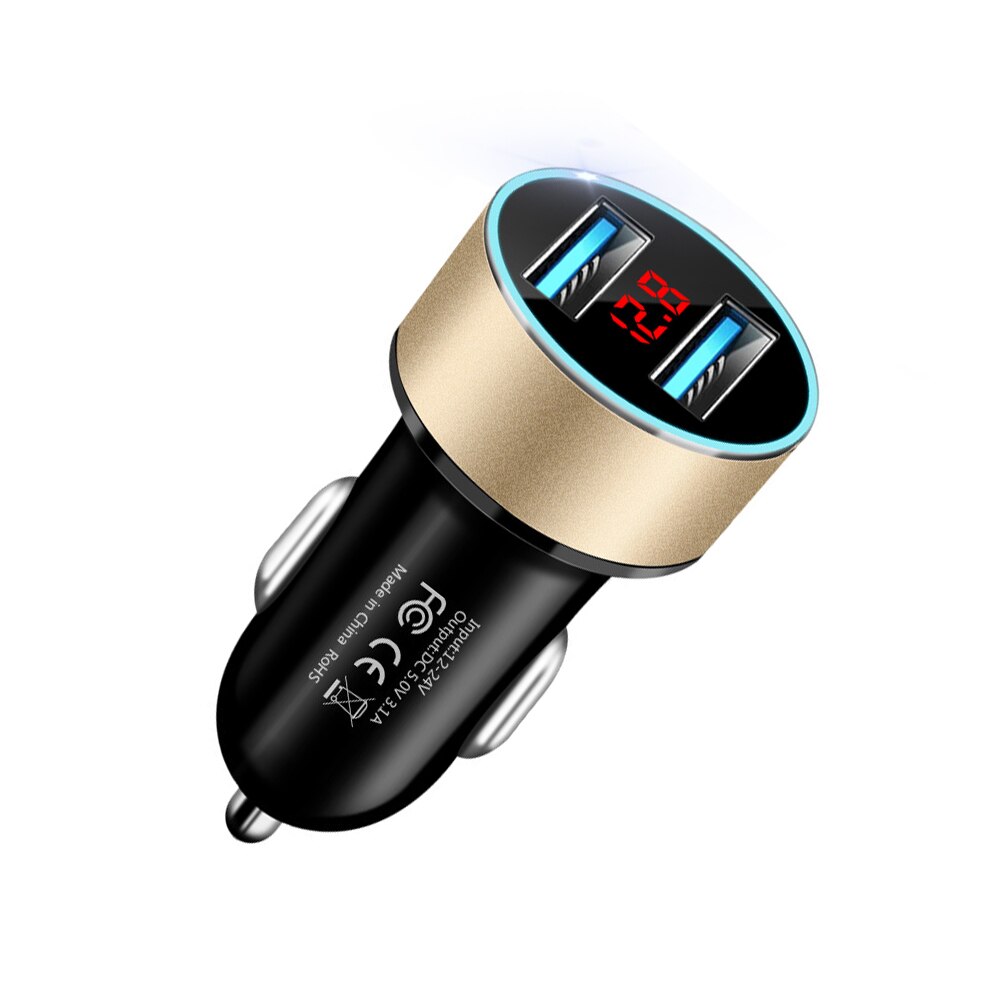 3.1A Dual USB Phone Charger LED Display Voltmeter Car Cigarette Lighter Power Adapter Socket Splitter for 12-24V Cars: 3.1A Gold