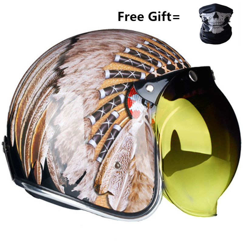 neue moto helm indische druck casco capacete moto rcycle helm 3/4 open gesicht vintage moto kreuz helme S ~ XXL: with pp yellow lens / M