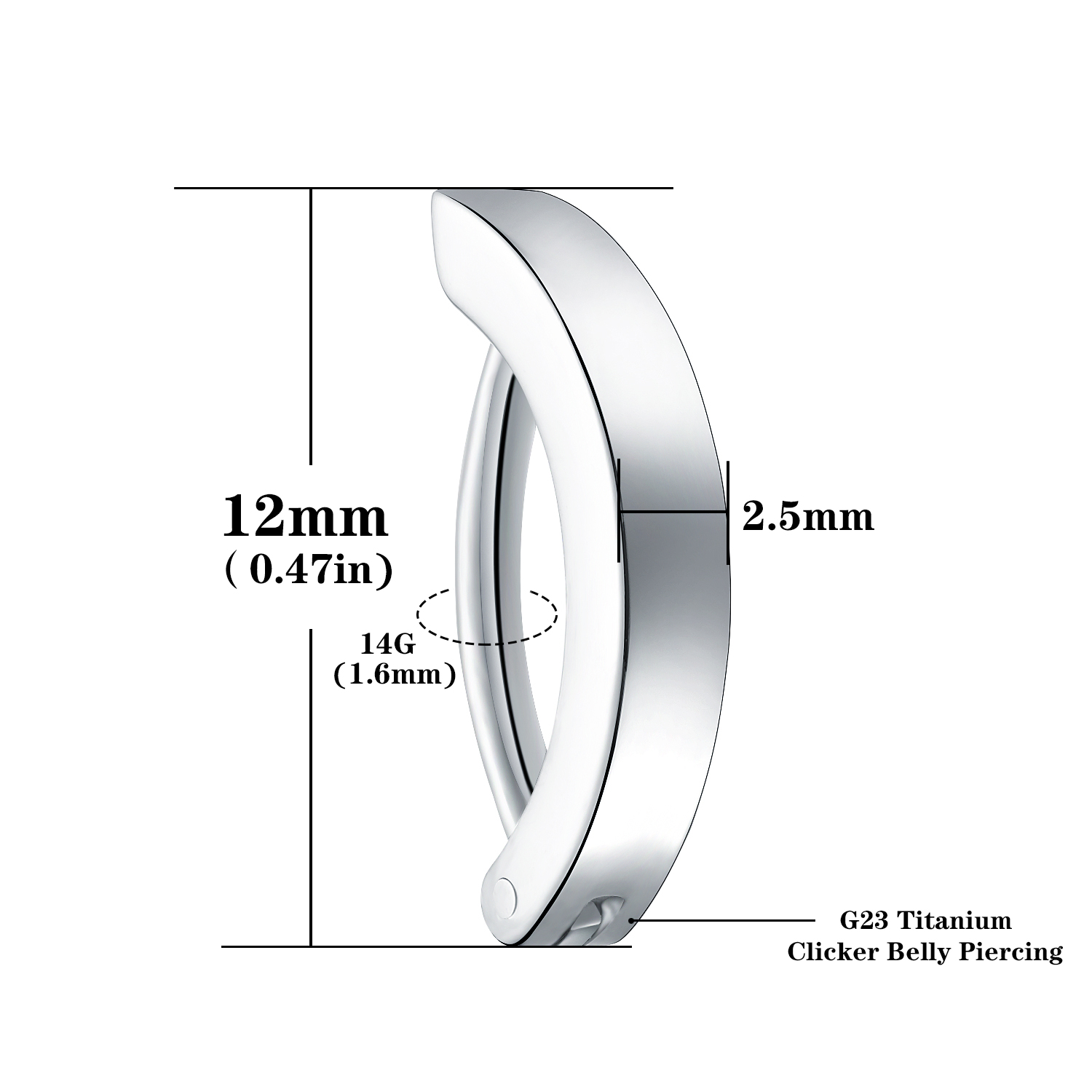 14G G23 Titanium Clicker Navelpiercing, 10/12mm Reverse Gebogen Hoepel Navel Barbell Body Piercing Sieraden: Rhodium Plated