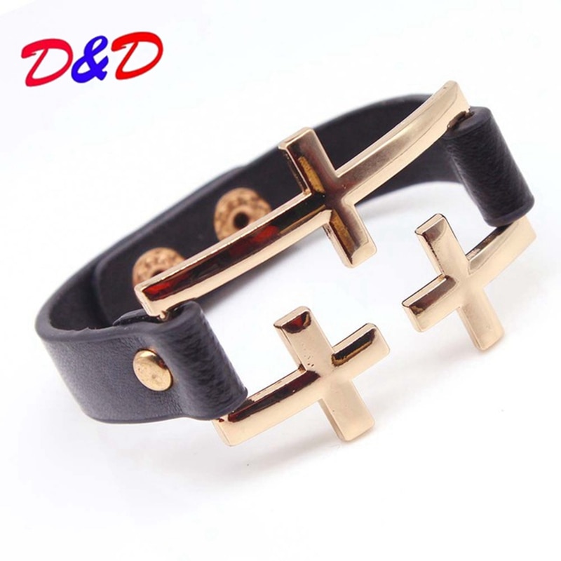 Frauen Schmuck Jahrgang Leder Armbänder & Armreifen Metall Kreuz Jesus Armbinde Schwarz Gold Armbinde Weihnachten