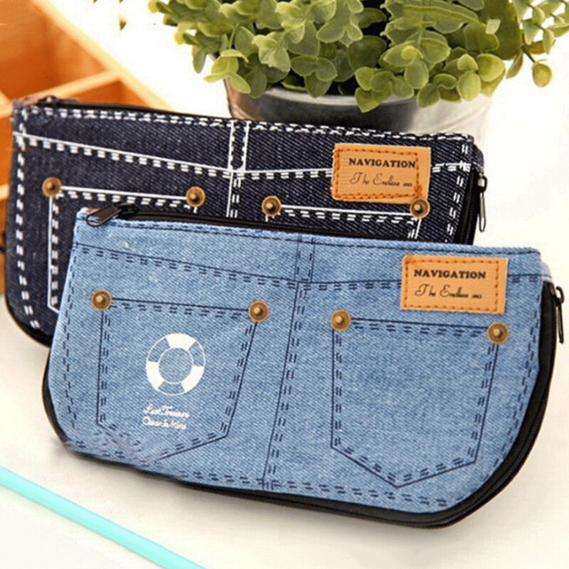 Jean azul bolsa de maquiagem feminina denim lona bolsa de telefone para viagens senhoras bolsa de cosmética feminina