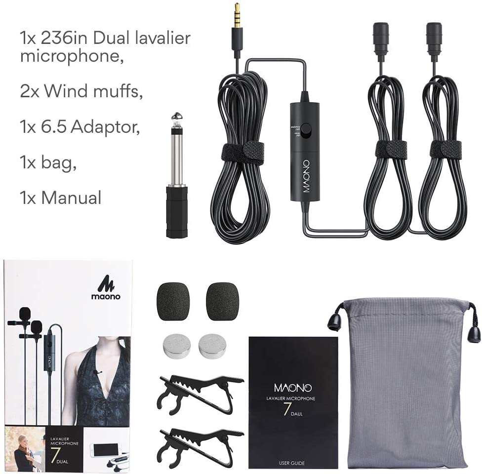 MAONO Dual Lavalier Microphone HandsFree Clip-on Lapel Microphone Mini Collar Condenser Mic for Camera DSLR Phone PC Laptop
