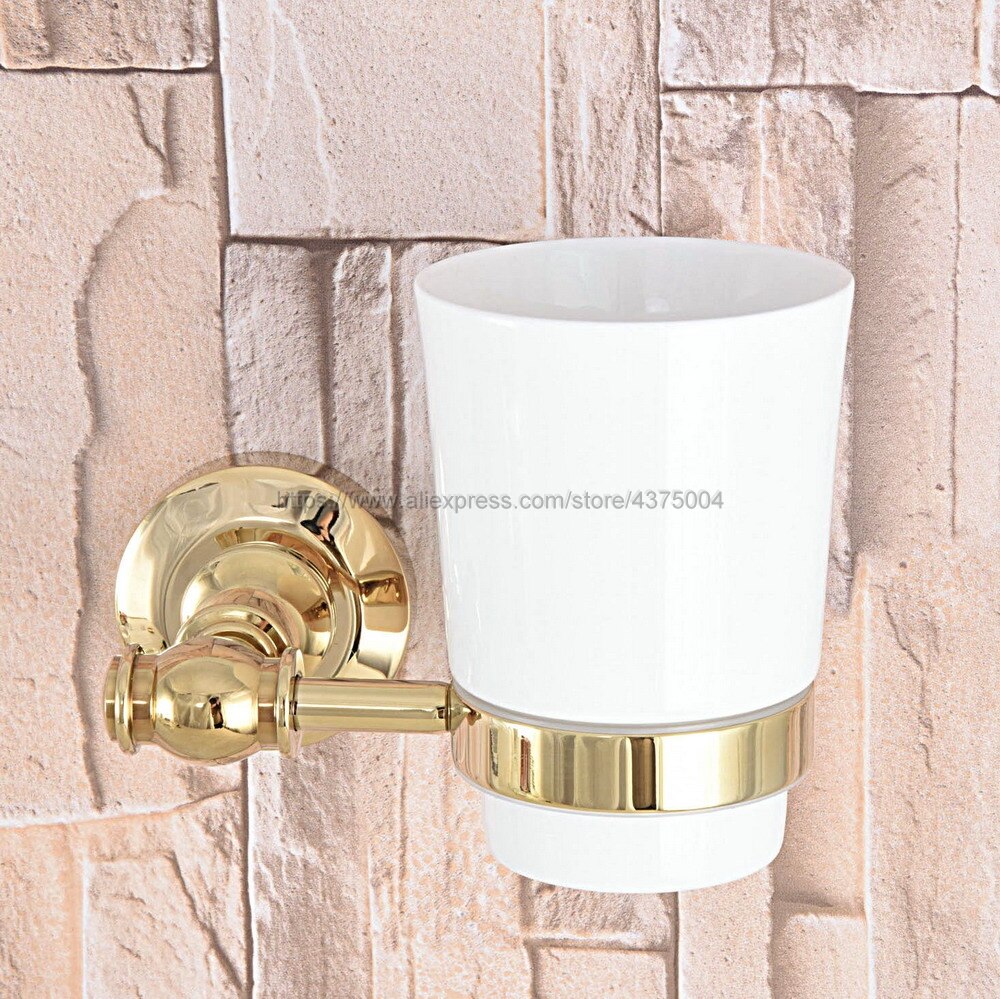 Luxe Goud Kleur Messing Badkamer Bekerhouder Keramische Enkele Bekerhouder Badkamer Cup Rack Holder Badkamer Accessoires Nba310