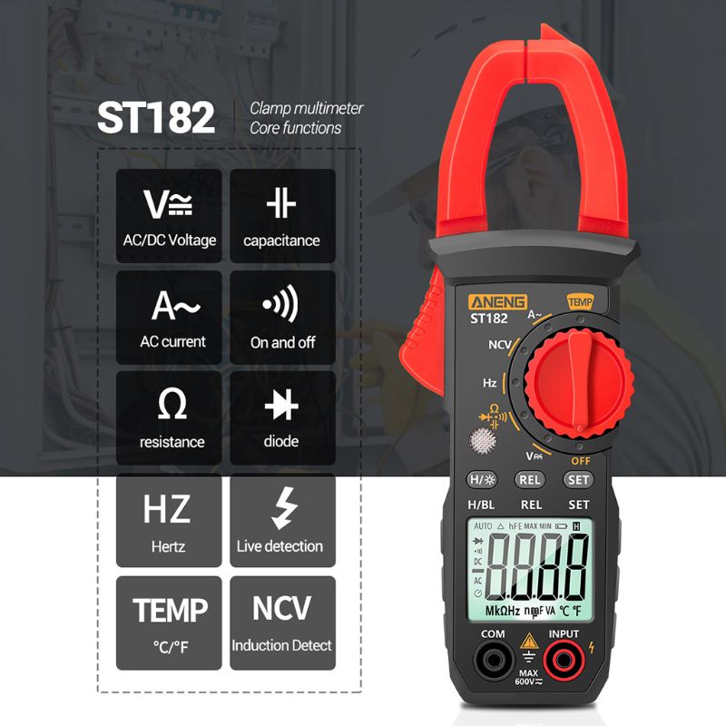 ST182 Digital Clamp Meter Ammeter AC Current Multimeter DC/AC Voltage Tester Amp Hz Capacitance NCV Ohm Temperature Test