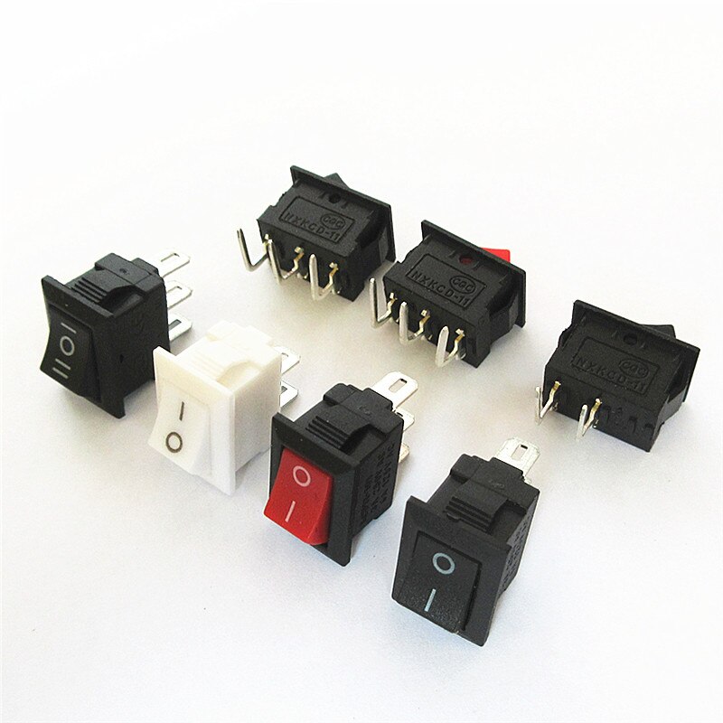Interruptor de botón 20 piezas para barco, pulsador de encendido y apagado, 10x15mm, k, 2 pines/3 pines, pies curvados, 3A, 250V, KCD11, negro, rojo y blanco