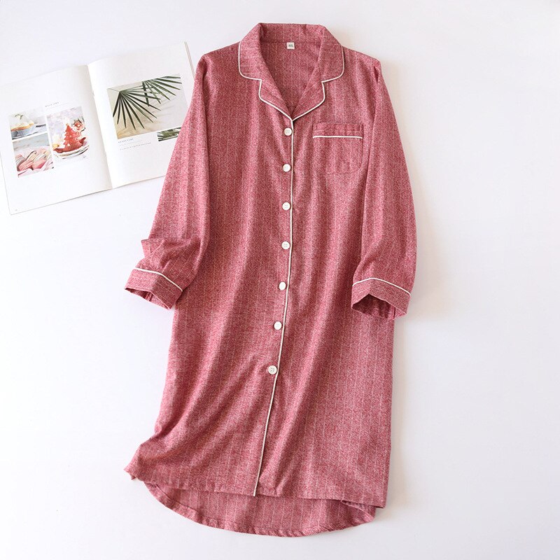Vrouwen Lange Mouwen Katoenen Nachtjapon Dunne Loszittende Mid-Lengte Rok Gestreepte Nachthemden Revers Sleepshirts Losse sleep Tops: Red / M