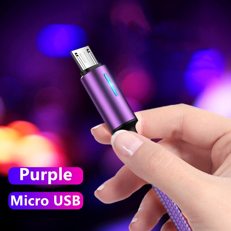 3A Micro USB Cable Breathing ligh Fast Charging For Samsung Galaxy S7 S6 Xiaomi 1.2m/ 2m For Android Micro USB V8 Charger Cables: Purple / 2m