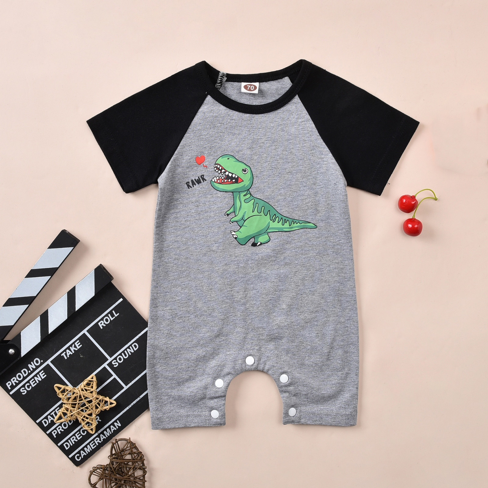 Pasgeboren Unisex Romper Kleding Dinosaurus Hart Print Jumpsuit Katoen Korte Mouw Leuke Baby Baby Jongens Meisjes Bodysuit