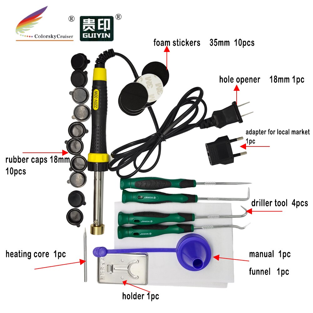 (RTT-18BK) hole driller digger and foam sticker plug cap for HP for canon for lexmark toner cartridge refill tool kit
