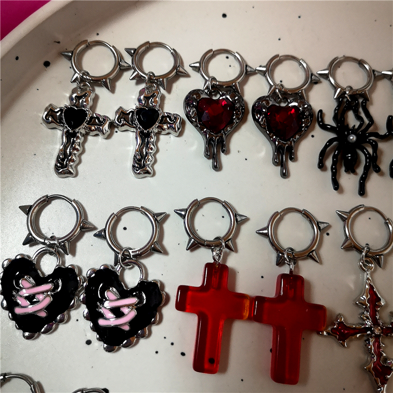 Goth oregelbundet hjärta kors spindel spiral rostfritt stål örhängen kvinnor män grunge  y2k smycken 2000s scen emo accessoarer