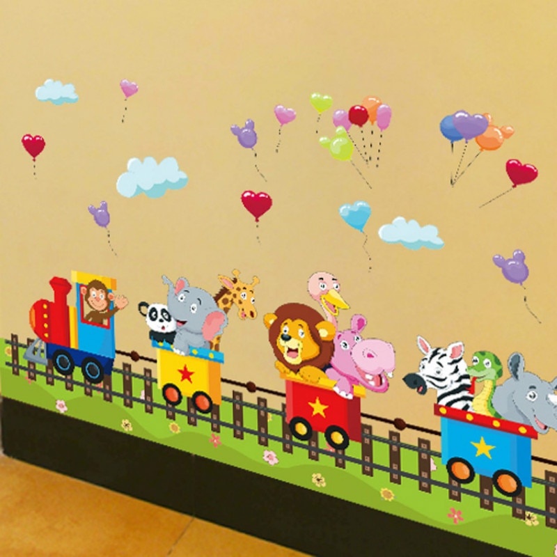 DIY Cartoon Animal Train Wall Stickers Kindergarten Children's Room Home Decorative Stickers Portfolio PVC Wall Stickers