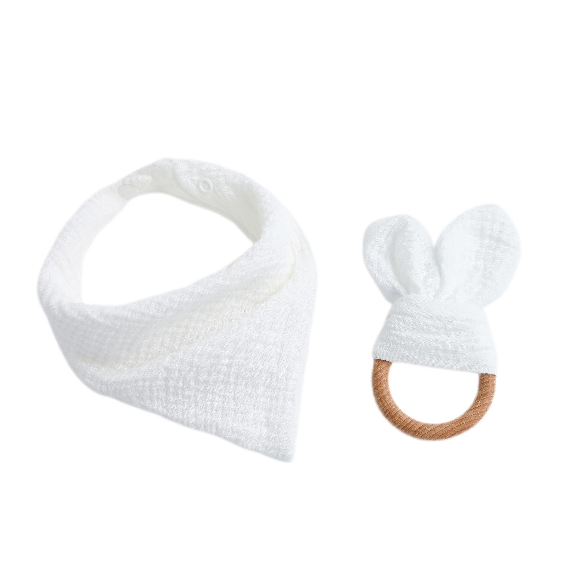 2 Stks/set Baby Jongen Meisje Driehoekige Sjaal Speeksel Tissue Molars Ring Houten Bijtring Set Katoenen Mousseline Slabbetjes Effen Kleur Burp doek: White