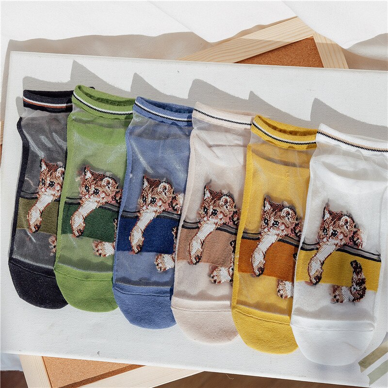 Damessokken lente cartoon katten koreaanse stijl trendy dunne zomer casual enkelsokken bedrukte vrouwelijke grappige sokken