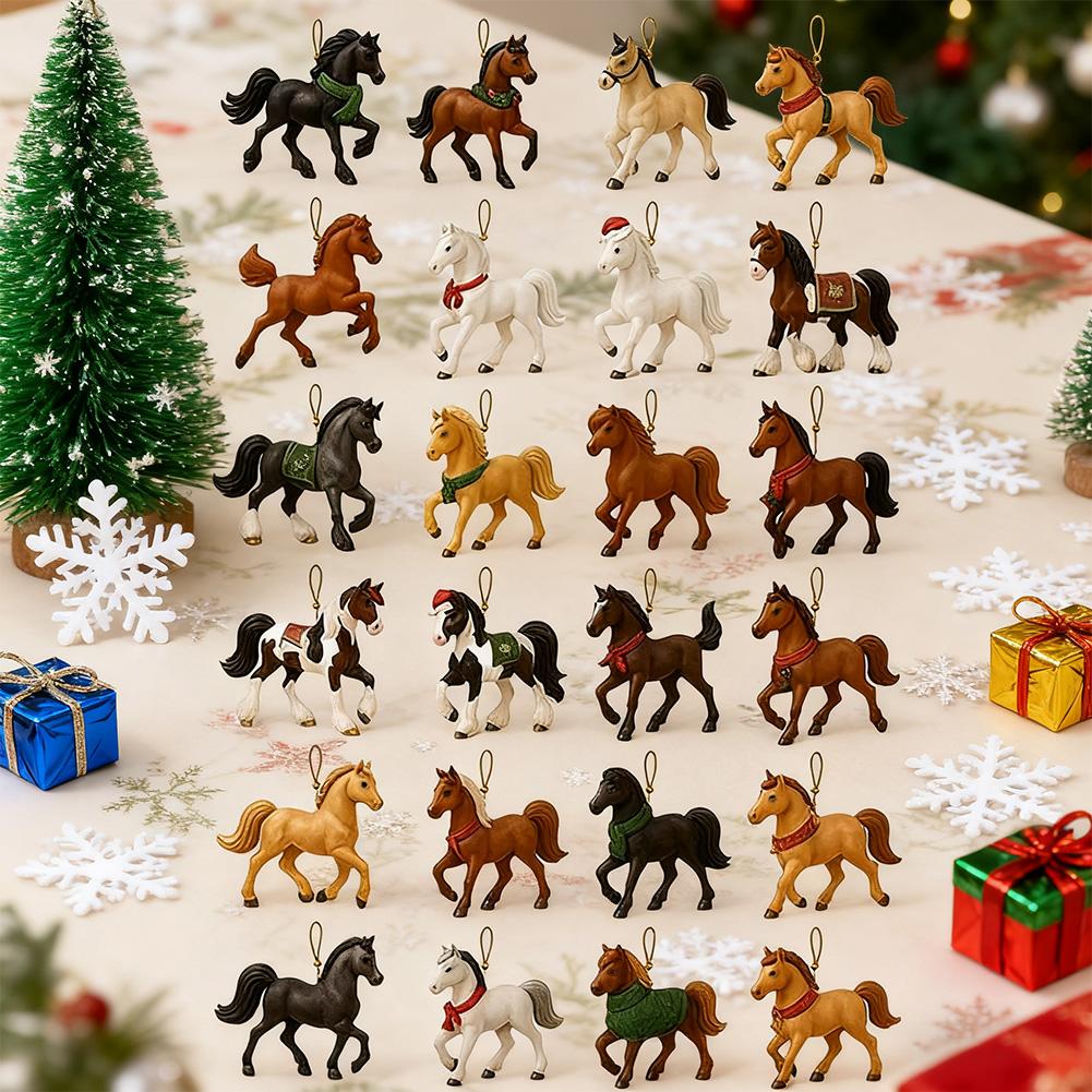 Hesteadventskalender, nedtellingskalender til jul med 24 stk. unike hestestatuer , 2d flate festivalkalendere i akryl
