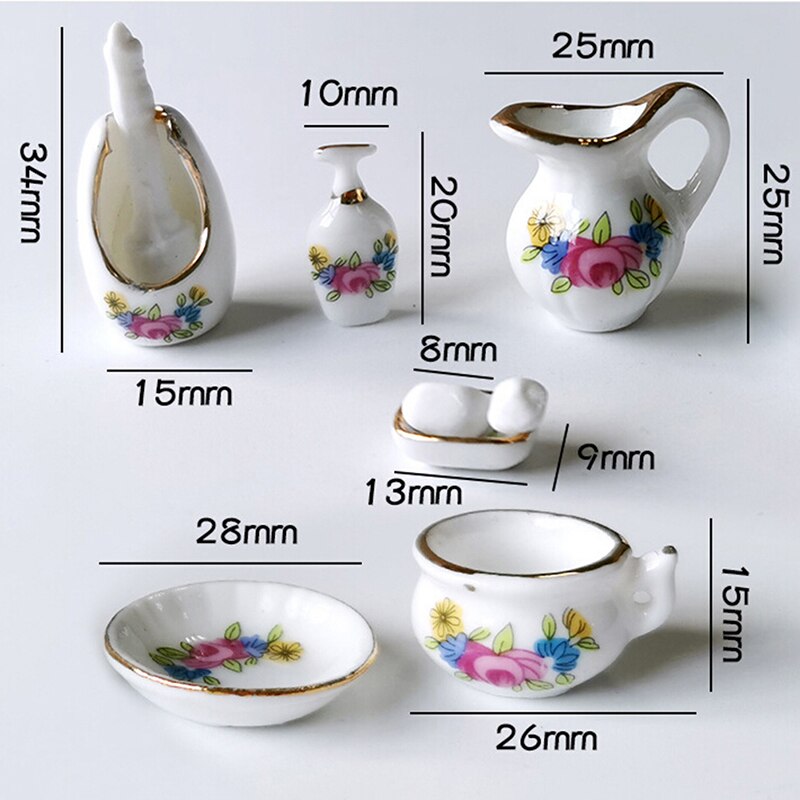 7Pcs/lot Dollhouse Miniature Dining Ware Porcelain Tea Set Dish Cup Plate -White Purple Flower Pattern