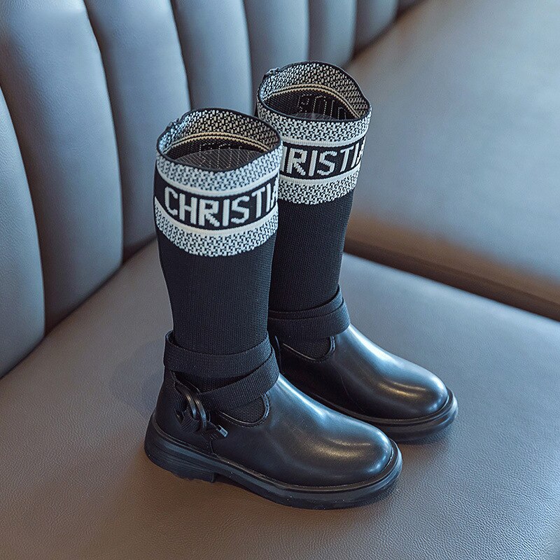 Outono crianças botas na altura do joelho botas altas do bebê meninas botas pretas crianças marca meias sapatos moda sapatos macios deslizamento em botas vestido sapatos