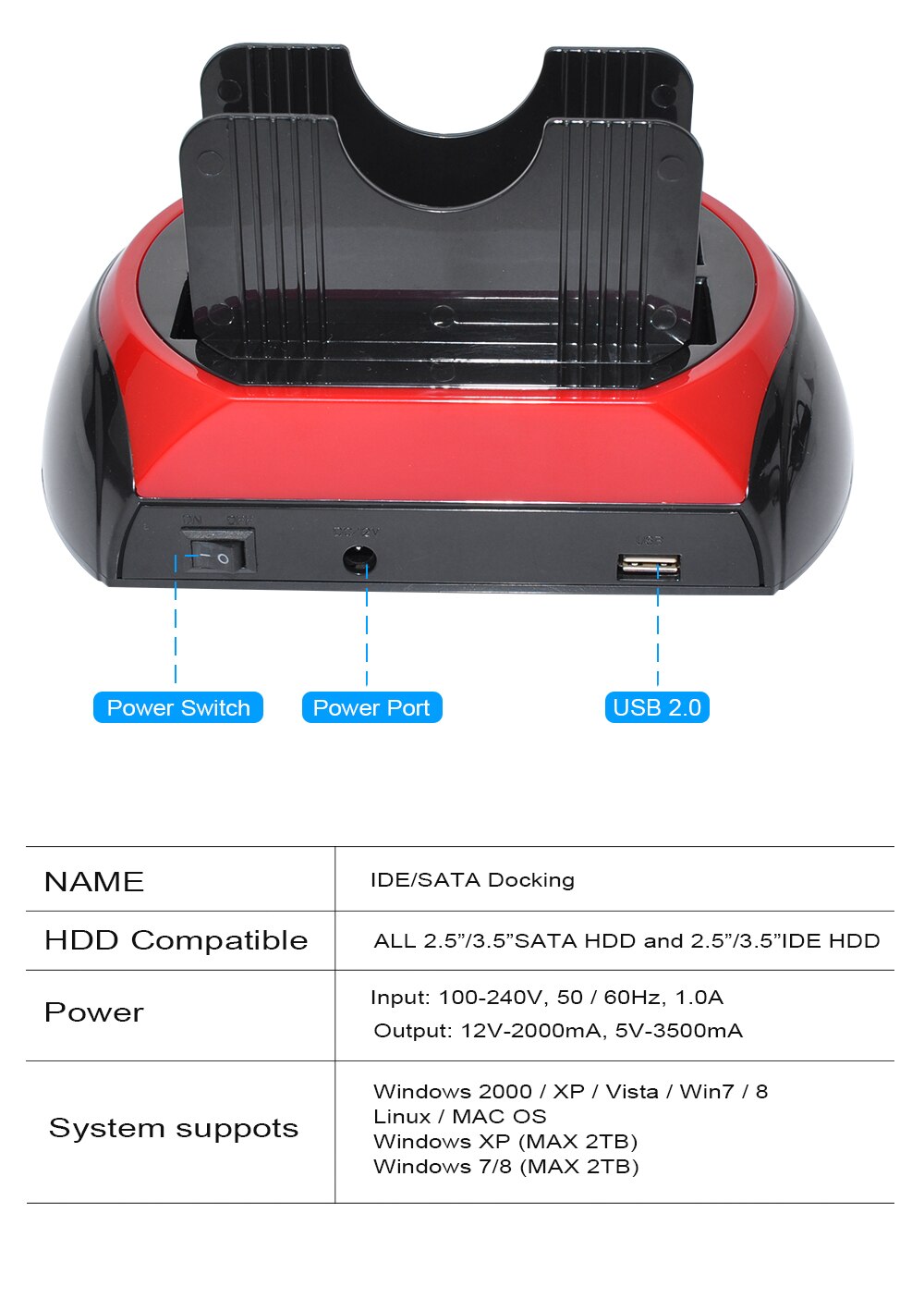 Caja de disco duro HDD IDE de 3,5 pulgadas, carcasa de disco duro de 2TB para ordenador portátil, USB 2,0/Tipo C a 2 SATA de 2,5 ''y 3,5''