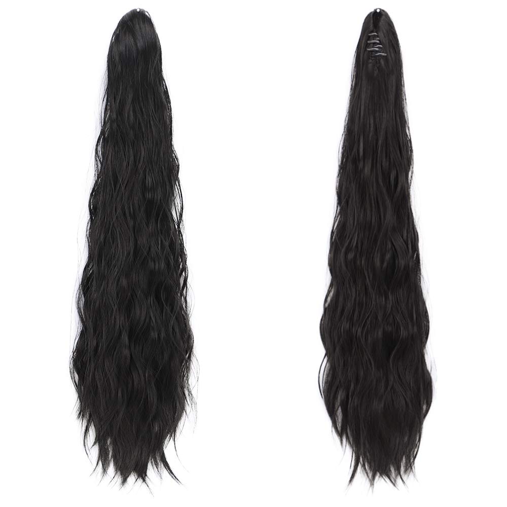 CHARMINGHeat Slip Synthetisch Haar 150g 24inch Golvend Claw Clip in/op Paardenstaart Hair Extensions: black / 1 PC