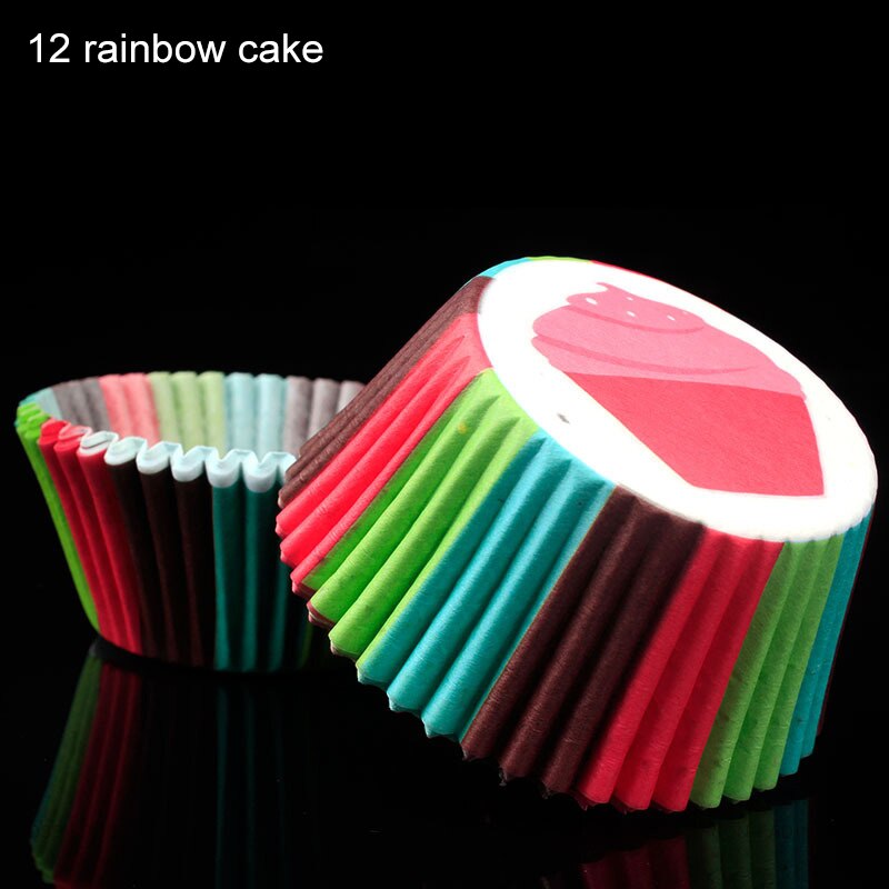 100 stk cupcake liner kageform anti-olie kage papir kopper køkken tilbehør muffin tilfælde kage dekorationsværktøj lille kageboks: 12 regnbue kage