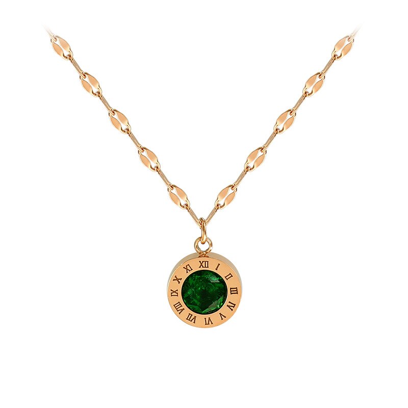 Korean Luxury Green Zircon Titanium Steel Necklace Women Personality Roman Numeral Clavicle Chain Temperament Sweater Chain: Gold