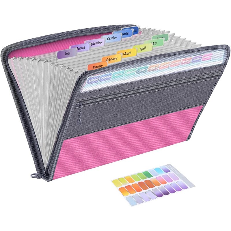 13 Pocket File Folder Storage Rack,File Box Storage Bag,with Zipper, Suitable for A4 Paper, Banknotes,Document Receipt: Pink