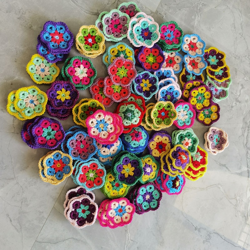 Dekoration virkade handdukar handgjorda virkade koppmattor flerfärgade blommor underlägg runda mattor 8cm ullkläder patch 30 st/
