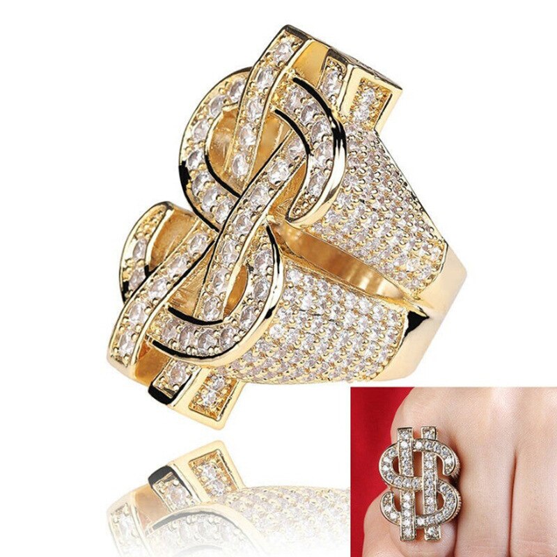 Classic Rock Iced Out Bling Goud Zilver Kleur Us Dollar Teken Ringen Aaa Kubieke Zirkoon Hip Hop Ring Voor Vrouwelijke/Mannen Sieraden