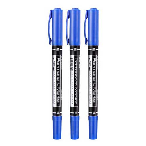 3 unids/set marcador permanente de doble punta negro/azul/rojo rotulador de punta fina impermeable para escuela suministros de oficina papelería para estudiantes: Azul