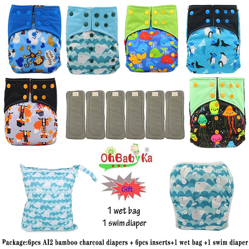 Ohbabyka AI2 wiederverwendbar Tuch Windeln für Mädchen, einstellbare Waschbar Windel 6 stücke + 6 stücke Bambus Holzkohle Einsätze + nass Tasche + Schwimmen Windel: 98