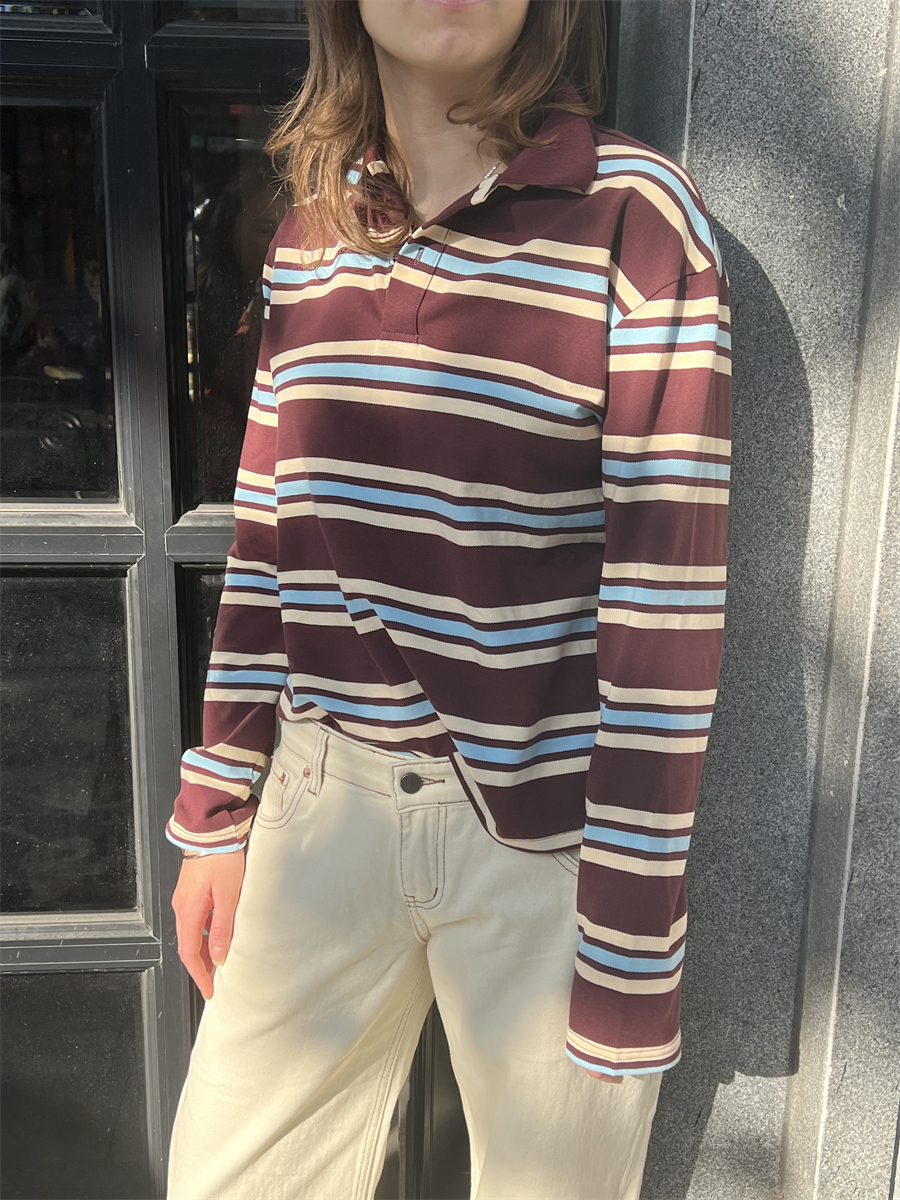 Sommer poloshirts dame langærmet crop top farveblok grøn stribet print poloshirts dame afslappede toppe stribet brun efterår