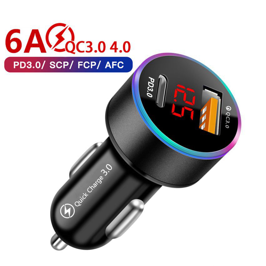 36W QC3.0 2 Usb Type-C Auto-oplader Led Digitale Auto Adapter Socket Quick Auto Telefoon Oplader Voor iphone 13 12 Pro Xiaomi Redmi